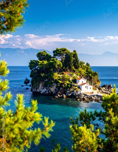 A picturesque island chapel nestled in turquoise waters, embraced by vibrant green foliage and framed by a clear, azure sky. Mountains in the distance