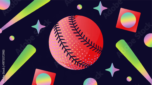Neon baseball illustration with colorful bats, glowing gradients and abstract shapes on dark background, modern sports pattern