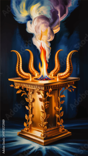 Glowing golden altar of incense with mystical flame and smoke, ornate horns and vines, spiritual fantasy illustration on dark blue