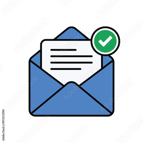 An envelope opens to reveal a letter with a green verified notification