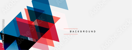 Abstract geometric shapes overlap, creating dynamic visual effect. Red, blue, pink hues dominate white space. Text reads BACKGROUND.