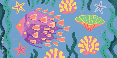 Colorful tropical fish and coral reef pattern illustration, whimsical undersea background with starfish, shells and seaweed on blue