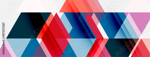 Abstract geometric pattern. Overlapping triangles create dynamic visual texture. Red, blue, pink hues dominate composition. Modern design element.