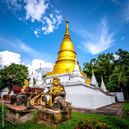 A beautiful golden-spired building sits beneath a clear, bright blue sky, flanked by smaller white structures and statues
