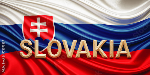 Slovakia national flag with wooden Slovakia text, realistic waving tricolor background, patriotic Slovak banner for travel and celebration design
