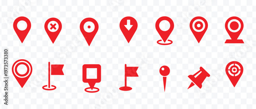 Red Map Pin and Location Icons Set. GPS Navigation Pointers, Geographic Markers, Flag Pins, Pushpins Vector Collection for Maps and UI