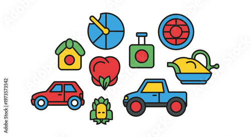 Set of Playful Colorful Children's Icons, Childhood and Education Concept on Isolated White Background