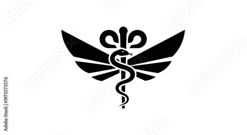 Stylized Caduceus Medical Symbol with Wings and Snake on Staff on Isolated White Background
