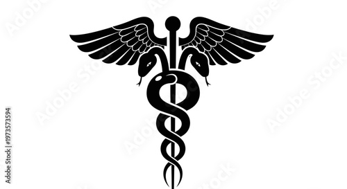 Classic Caduceus Medical Symbol with Snakes and Wings on Isolated White Background