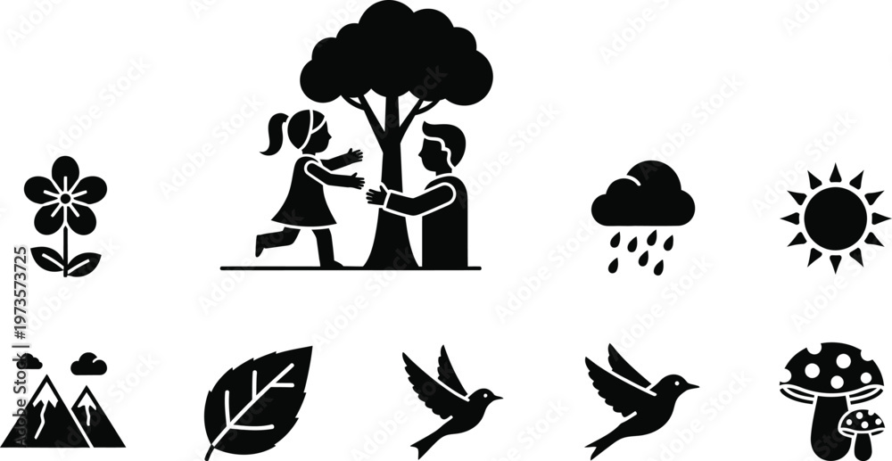 Obraz premium Nature icons set black silhouette designs featuring trees flowers birds clouds and people for environmental concepts