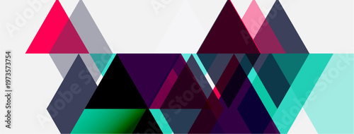 Abstract geometric shapes overlap, creating vibrant color blocks. Triangles, squares, gradients define modern design. Minimalist composition.