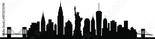 ew York City skyline silhouette, Statue of Liberty landmark, urban architecture illustration, skyscraper silhouette art, iconic cultural identity design