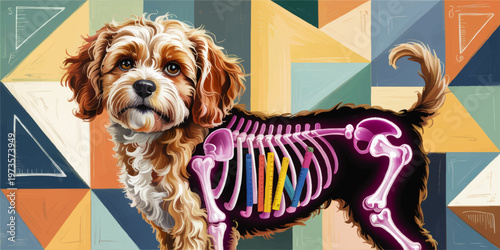 Cute veterinary x ray illustration of small dog skeleton with colorful rulers on ribs over geometric abstract background