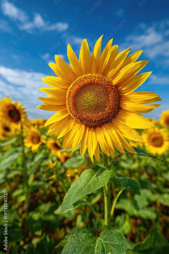 Fototapeta premium Vibrant Sunflower Field Under a Bright Blue Sky.