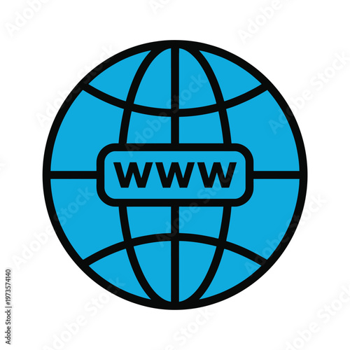 A graphic illustration of a blue globe with www text on it