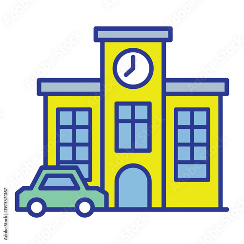 Education app icon, school building with car, vector design, student transport, campus access, school workflow, digital learning and app interface concept.