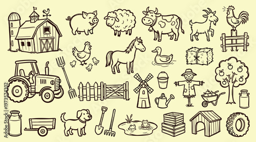 Charming hand-drawn farm scene with barn tractor animals and crops illustration for rural life and agriculture themes