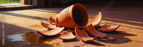Broken clay flower pot with scattered shards and spilled water on rustic wooden floor in warm sunlight, digital illustration