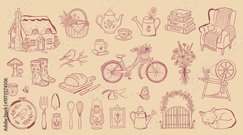Charming vintage cottagecore illustration set with rustic elements like a bicycle, teapot, watering can, and garden tools on a textured beige background