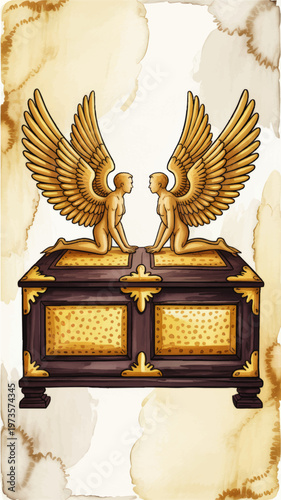 Golden Ark of the Covenant with Winged Cherubim Illustration on Vintage Parchment Background, Biblical Religious Art Design