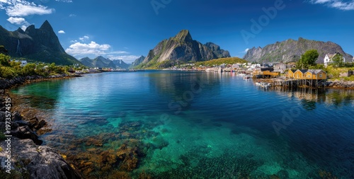 Scenic Lofoten Islands Village with Crystal Clear Water and Majestic Mountains.