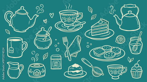 Charming hand drawn tea time illustration featuring teapots cups cakes and cookies on a teal background perfect for cafe menus or recipe cards