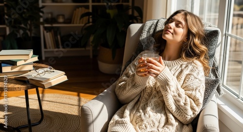 Serene Woman Enjoying Tea in Cozy Armchair by Window