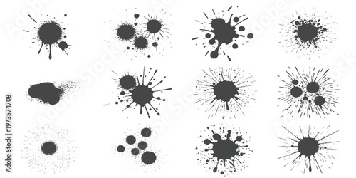 set of ink splashes  black paint blots on transparent background. Vector grunge brush stroke textures. 