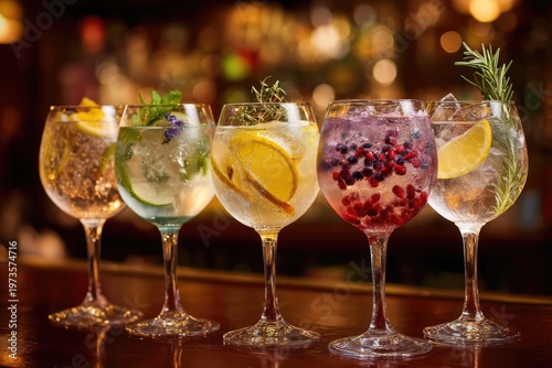 Five Refreshing Gin and Tonic Cocktails with Garnishes Lined Up.
