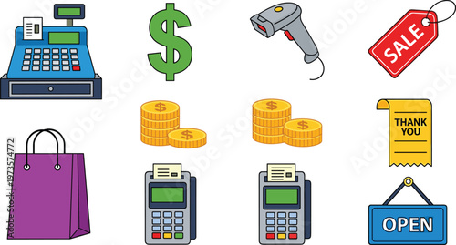Cash Register, Dollar, Barcode Scanner, Sale Tag, Shopping Bag, Coins, Credit Card Machine, and Open Sign Icons Collection for Retail, Shopping, and Sales