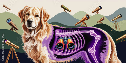 Golden retriever x ray with telescopes and binoculars in ribs, surreal veterinary anatomy illustration, astronomy dog art