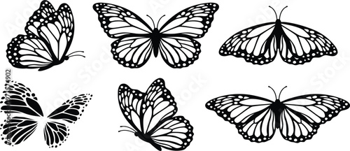 Monarch butterfly vector silhouettes, set of 6 black butterfly icons, elegant insect wing illustrations for nature branding and tattoo design