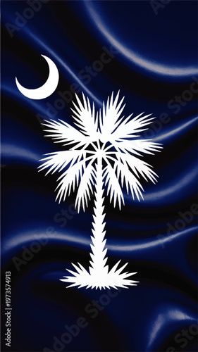 South Carolina palmetto tree and crescent moon on dark blue silk flag background, patriotic southern state symbol illustration