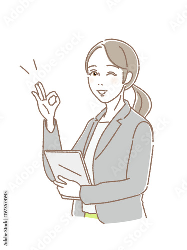 ビジネス 女性 スーツ OKマーク 解決 案内 笑顔 若い女性 タブレット ベクター
Business woman suit OK sign solution reception young woman tablet vector isolated on white background