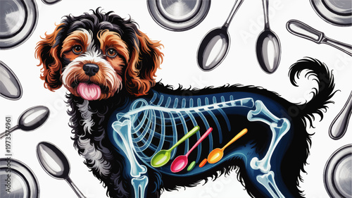 Funny veterinary x ray illustration of cute dog with metal spoons in stomach, colorful cartoon pet health concept on transparent background
