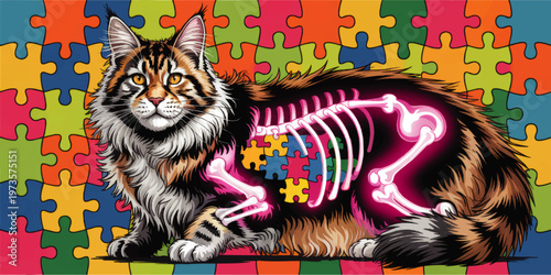 Colorful cat anatomy illustration with glowing bones and puzzle pieces on vibrant jigsaw background, veterinary and autism concept art