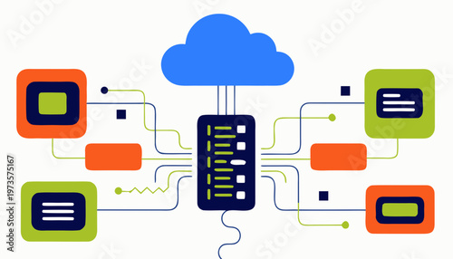 Minimal cloud server connected to interface panels in a colorful network layout