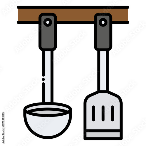 Kitchen Utensils Hanging on Rack: Ladle and Spatula Illustration