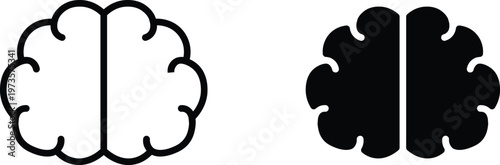 Minimalist human brain icons, black outline and solid silhouette brain vector set, mental health and intelligence symbols for medical design