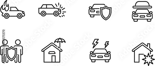 Set of insurance and protection icons including car home accident and security symbols representing safety coverage and risk management