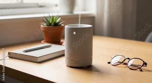 Serene Workspace: Aroma Diffuser, Notebook, and Glasses on Wooden Desk