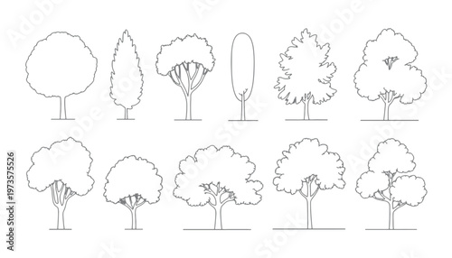 Tree silhouette icon collection set of graphics trees elements outline symbol for architecture of silhouettes of trees .landscape, and urban design projects, in vector design
