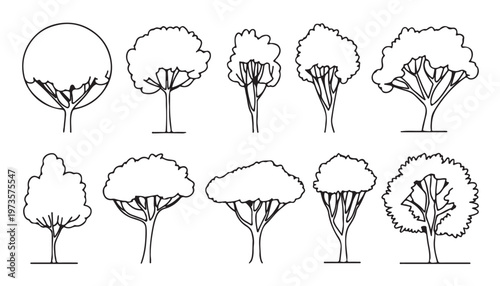 Tree silhouette icon collection set of graphics trees elements outline symbol for architecture of silhouettes of trees .landscape, and urban design projects, in vector design