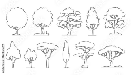 Tree silhouette icon collection set of graphics trees elements outline symbol for architecture of silhouettes of trees .landscape, and urban design projects, in vector design