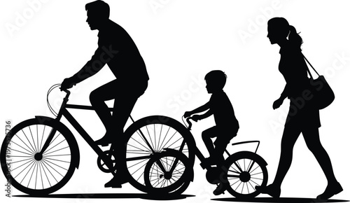 Family silhouettes, bicycle ride, child cycling, adult walking, outdoor activity, companionship scene, everyday lifestyle, monochrome illustration, motion design, recreational outing