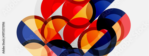 Abstract composition featuring overlapping circles. Red, orange, blue, black hues create dynamic visual interplay. Minimalist design, modern aesthetic.