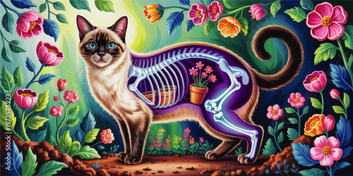Surreal Siamese cat with glowing X ray skeleton and potted flowers inside body in vibrant floral fantasy garden illustration