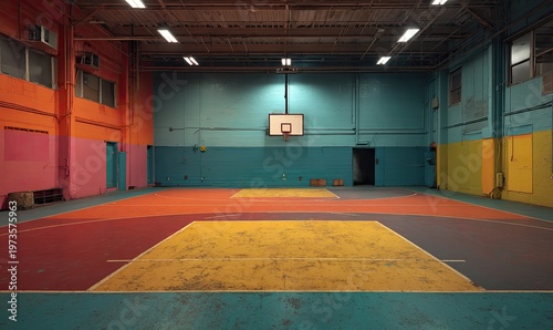 Vibrant Indoor Basketball Court with Colorful Markings and Hoop.