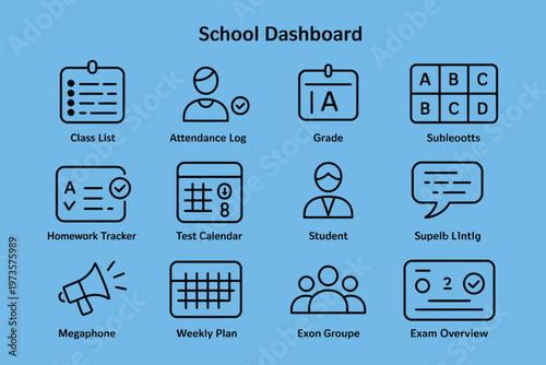 Education dashboard icon collection, class roster, attendance tracking, gradebook, course progress, vector illustration for school management, online learning, and academic analytics concept.