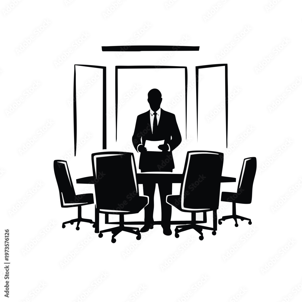 Fototapeta premium Minimalist vector illustration of a business leader in a meeting. Corporate presentation silhouette icon. Flat design graphic isolated on transparent background